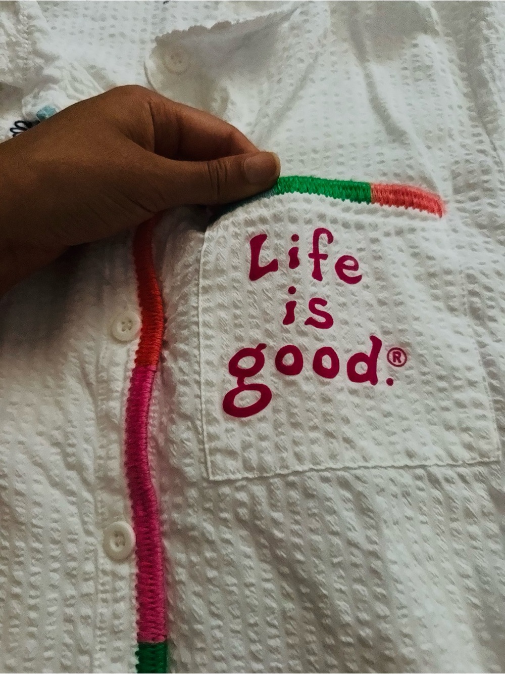 Life Is Good Sleep Set Seersucker Embroidered Rainbow Pajama Top & Shorts White - Picture 7 of 12